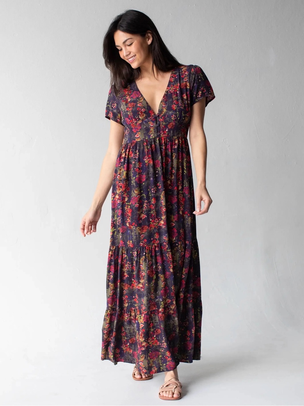 NATURAL LIFE Navy Floral V-Neck Maxi Dress with Burgundy & Olive Accents
